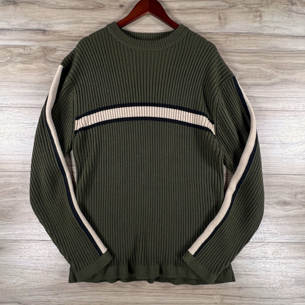 Whispering Smith Mens XL Ribbed Knit Sweater Olive Green Stripe Pullover VTG 90s